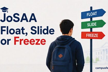 JoSAA Float Slide or Freeze guide showing a student facing three coloured counselling-choice signboards outside a college campus