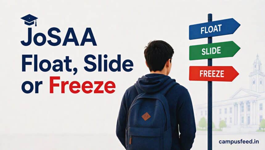JoSAA Float Slide or Freeze guide showing a student facing three coloured counselling-choice signboards outside a college campus