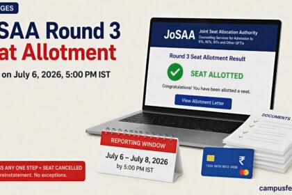 JoSAA Round 3 seat allotment result displayed on a laptop with reporting dates, required documents and online fee payment elements