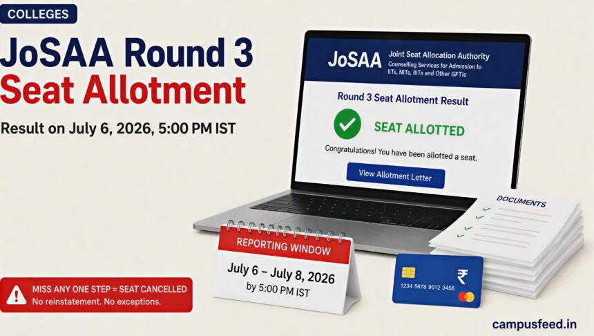 JoSAA Round 3 seat allotment result displayed on a laptop with reporting dates, required documents and online fee payment elements