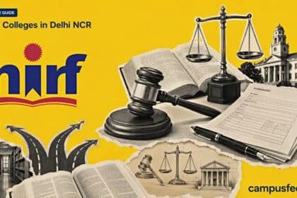 Law Colleges in Delhi NCR guide with NIRF emblem, law tools, college campus outlines and career-path collage