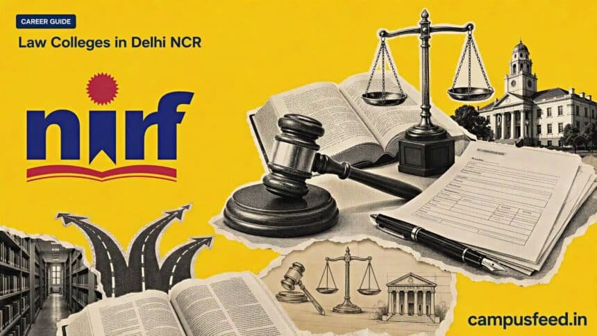 Law Colleges in Delhi NCR guide with NIRF emblem, law tools, college campus outlines and career-path collage