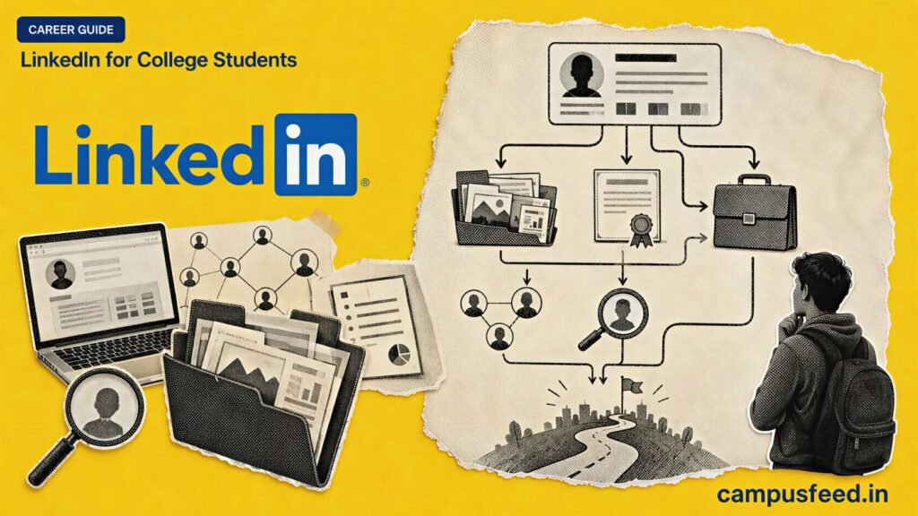 LinkedIn for College Students career guide with an Indian campus silhouette, official LinkedIn logo, project icons, and recruiter pathways