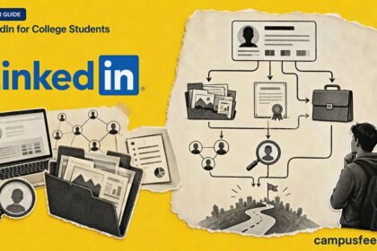 LinkedIn for College Students career guide with an Indian campus silhouette, official LinkedIn logo, project icons, and recruiter pathways