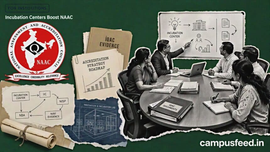 NAAC accreditation strategy collage showing incubation centers boost NAAC, NBA, NIRF, IIC compliance, and campus innovation evidence for 2026