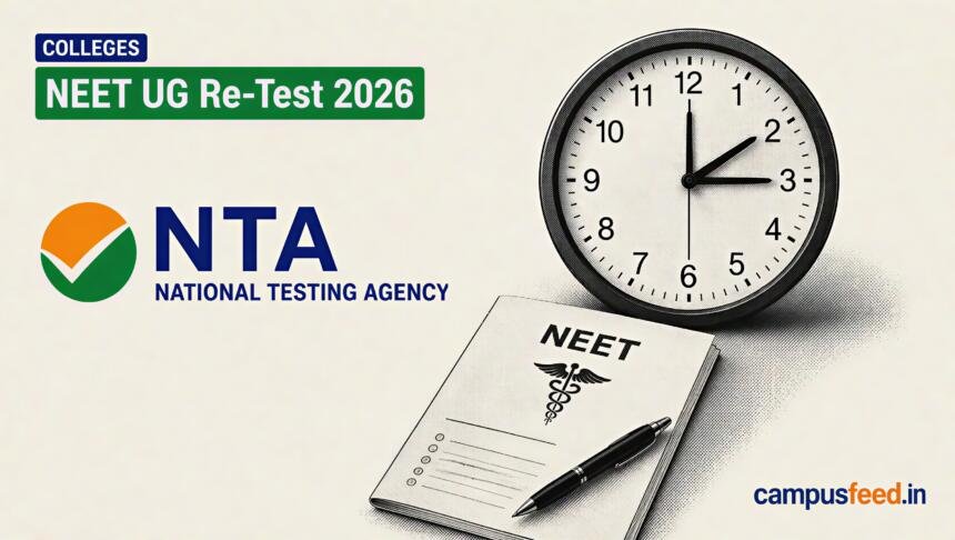 NTA exam clock, admit card and revised booklet illustrate NEET UG Re-Test 2026 timing and rough-work changes for the June 21 exam