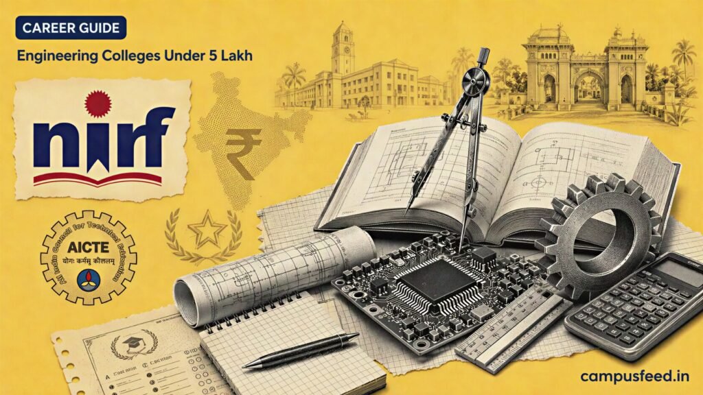 Engineering Colleges Under 5 Lakh guide showing PSG Tech, NIRF ranking cues, engineering tools and affordable four-year BTech fees for 2026