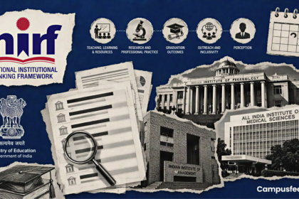NIRF Ranking 2026 visual with the official NIRF logo, government emblem, campus silhouettes and abstract ranking documents