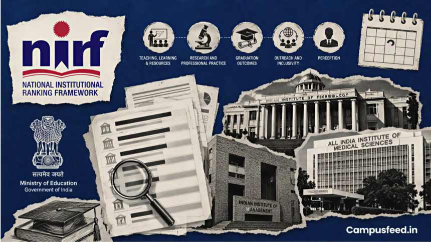 NIRF Ranking 2026 visual with the official NIRF logo, government emblem, campus silhouettes and abstract ranking documents