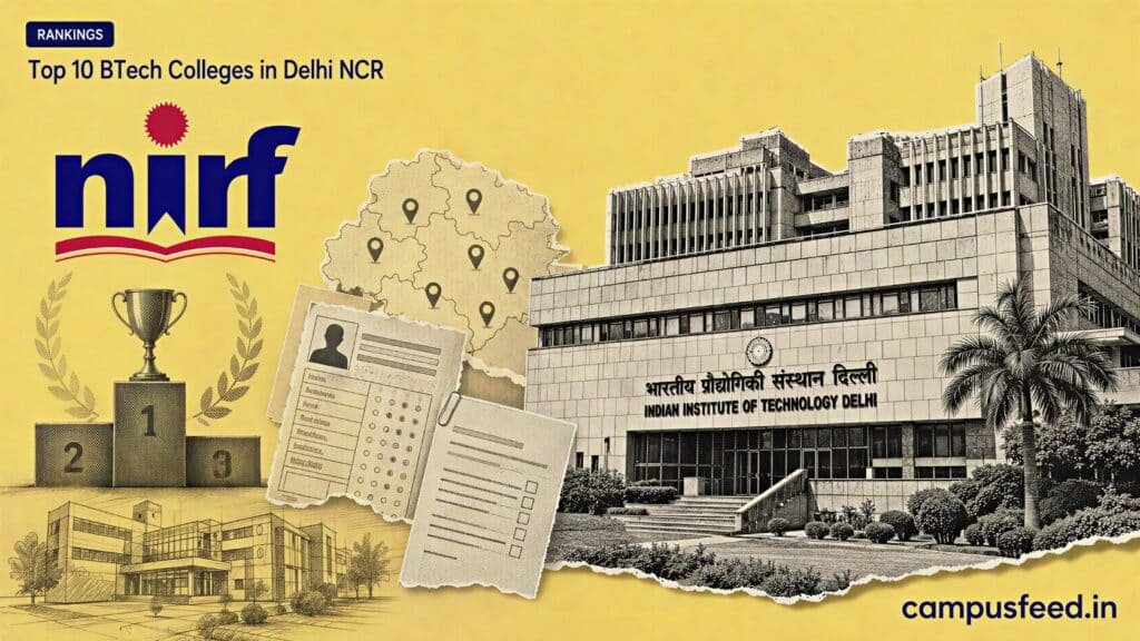 Top 10 BTech Colleges in Delhi NCR ranking collage with NIRF emblem, IIT Delhi architecture, and Delhi NCR engineering campus symbols