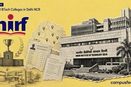 Top 10 BTech Colleges in Delhi NCR ranking collage with NIRF emblem, IIT Delhi architecture, and Delhi NCR engineering campus symbols
