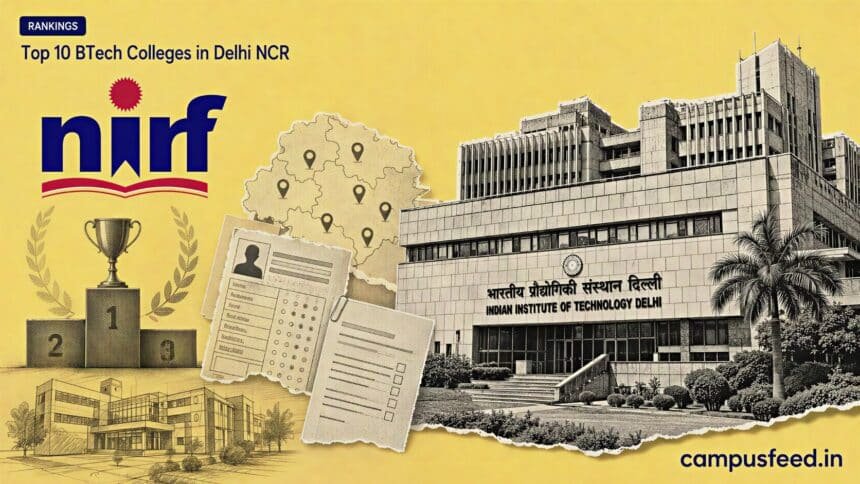Top 10 BTech Colleges in Delhi NCR ranking collage with NIRF emblem, IIT Delhi architecture, and Delhi NCR engineering campus symbols