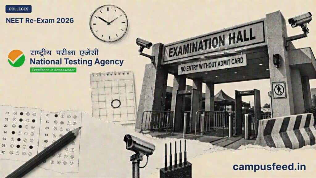 NTA examination centre entrance and surveillance collage representing NEET Re-Exam 2026 security across 5,440 centres with CCTV, jammers and biometric checks