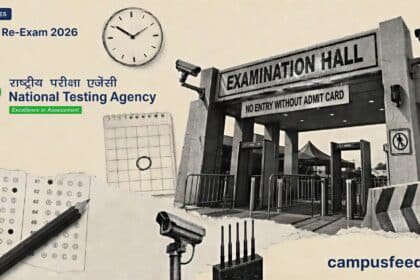NTA examination centre entrance and surveillance collage representing NEET Re-Exam 2026 security across 5,440 centres with CCTV, jammers and biometric checks