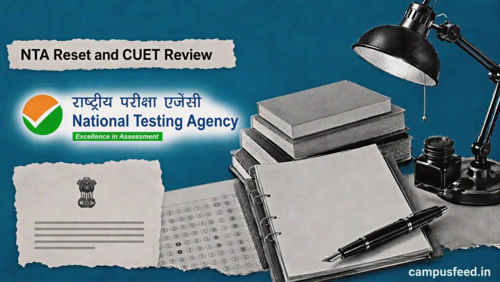 NTA Reset and CUET Review scene with the official NTA emblem, parliamentary policy files, a Gazette page and exam reform documents