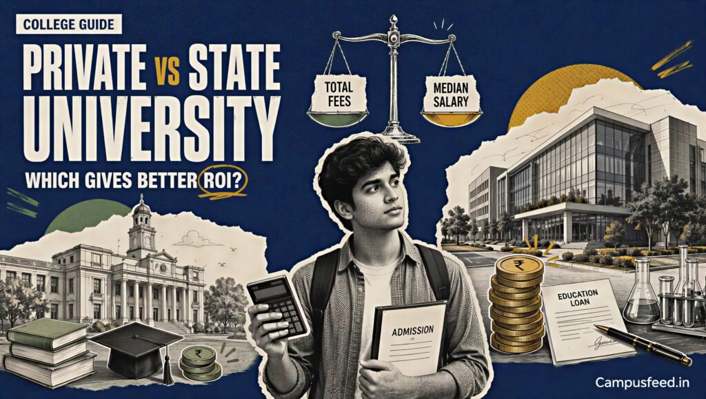 Private vs State University ROI comparison showing an Indian student comparing total college fees with realistic median salary