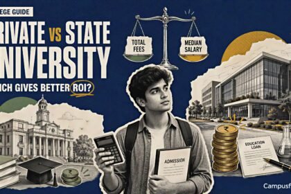 Private vs State University ROI comparison showing an Indian student comparing total college fees with realistic median salary