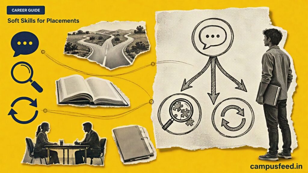 Soft Skills for Placements visual with a halftone career flowchart connecting communication, critical thinking and adaptability for Indian college students