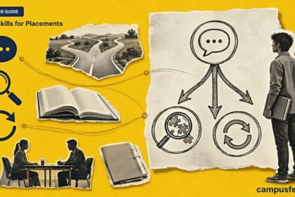 Soft Skills for Placements visual with a halftone career flowchart connecting communication, critical thinking and adaptability for Indian college students