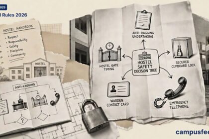 UGC Hostel Rules 2026 explainer with a halftone hostel corridor, anti-ragging affidavit, warden desk, emergency phone and official UGC emblem