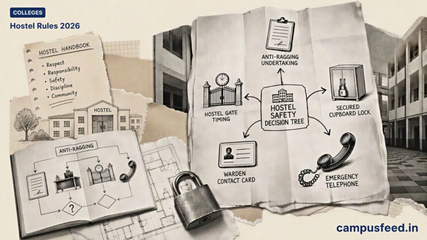 UGC Hostel Rules 2026 explainer with a halftone hostel corridor, anti-ragging affidavit, warden desk, emergency phone and official UGC emblem