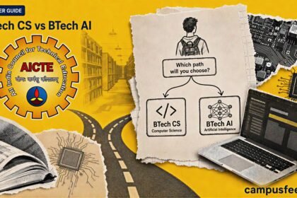 BTech CS vs AI career guide with split coding and machine-learning workstations, AICTE emblem, circuit board, laptop, and branching career paths