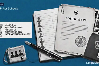 DPDP Act schools rules illustrated with a parental consent form, child-data file, official policy document and MeitY emblem