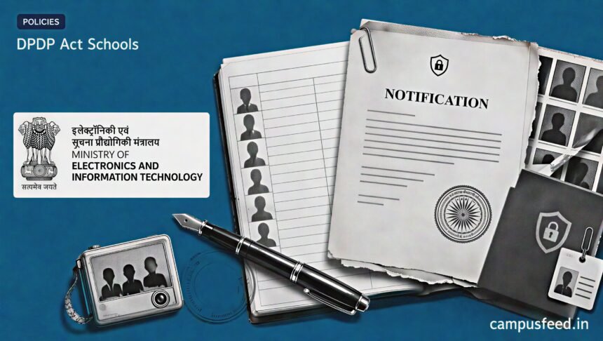 DPDP Act schools rules illustrated with a parental consent form, child-data file, official policy document and MeitY emblem