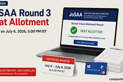 JoSAA Round 3 seat allotment result displayed on a laptop with reporting dates, required documents and online fee payment elements