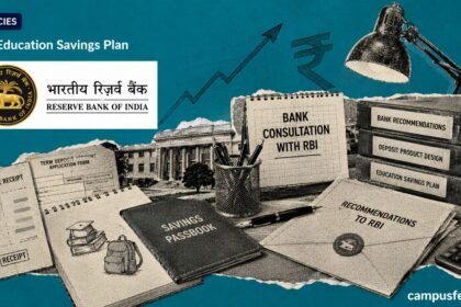 RBI Education Savings Plan consultation shown through a halftone policy desk, savings passbook, school-fee papers and the official RBI emblem