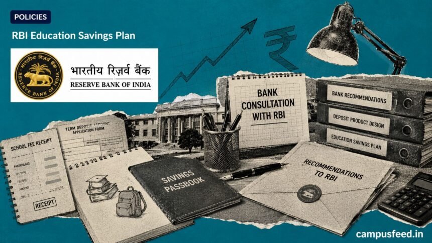 RBI Education Savings Plan consultation shown through a halftone policy desk, savings passbook, school-fee papers and the official RBI emblem