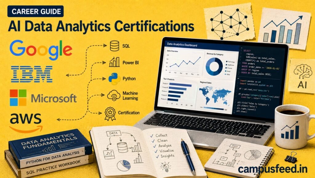 AI data analytics certifications comparison showing Google, IBM, Microsoft and AWS credential logos with data analytics tools and learning resources for students in India 2026