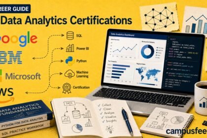 AI data analytics certifications comparison showing Google, IBM, Microsoft and AWS credential logos with data analytics tools and learning resources for students in India 2026
