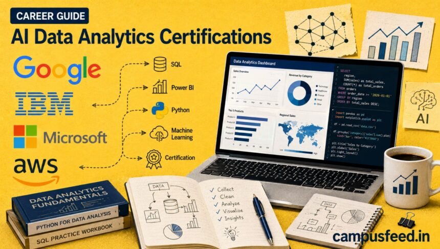 AI data analytics certifications comparison showing Google, IBM, Microsoft and AWS credential logos with data analytics tools and learning resources for students in India 2026