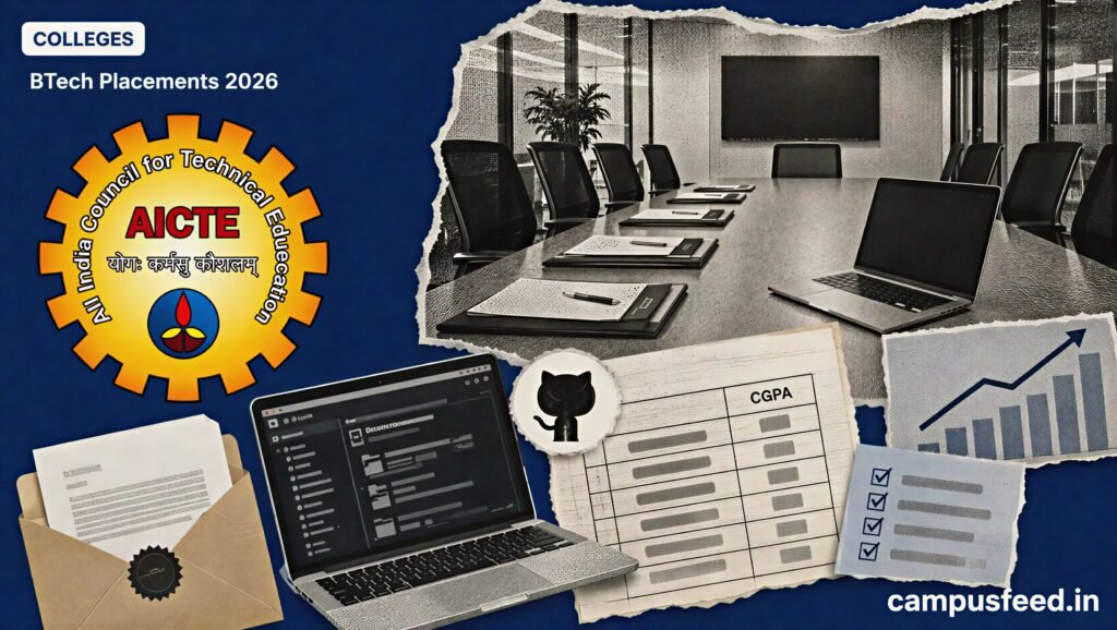 BTech Placements 2026 interview-room collage with AICTE emblem, GitHub portfolio screens, CGPA marksheet fragments and job-offer documents
