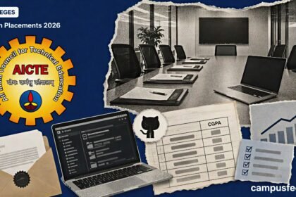 BTech Placements 2026 interview-room collage with AICTE emblem, GitHub portfolio screens, CGPA marksheet fragments and job-offer documents