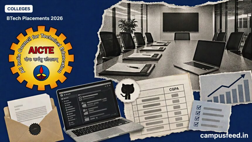 BTech Placements 2026 interview-room collage with AICTE emblem, GitHub portfolio screens, CGPA marksheet fragments and job-offer documents