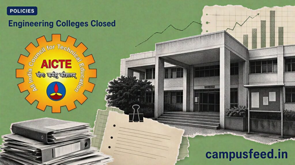 AICTE Engineering Colleges Closed India data with regulator emblem, halftone map, and technical college closure markers for 2025-26