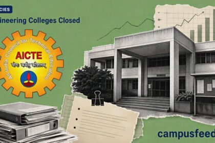 AICTE Engineering Colleges Closed India data with regulator emblem, halftone map, and technical college closure markers for 2025-26