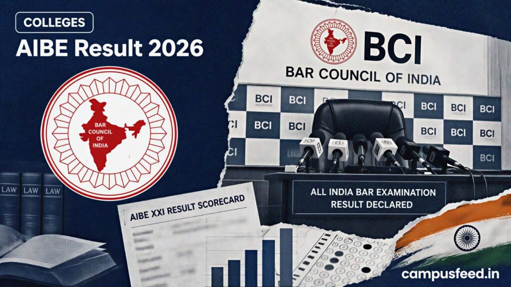 Bar Council of India AIBE Result 2026 showing official result declaration with BCI emblem and examination scorecard highlighting the national pass rate