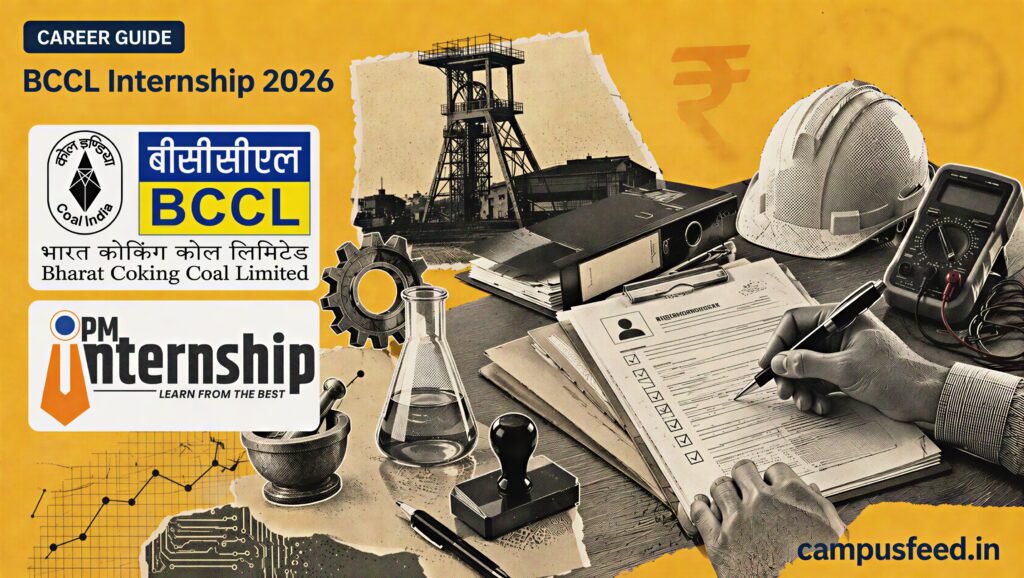 BCCL Internship 2026 recruitment scene with technical tools, laboratory equipment, application documents and official BCCL and PM Internship Scheme branding
