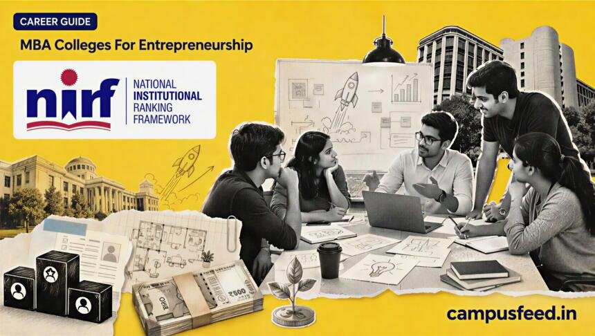 NIRF MBA colleges for entrepreneurship collage showing IIM incubator support, founder mentorship, and startup funding pathways in India