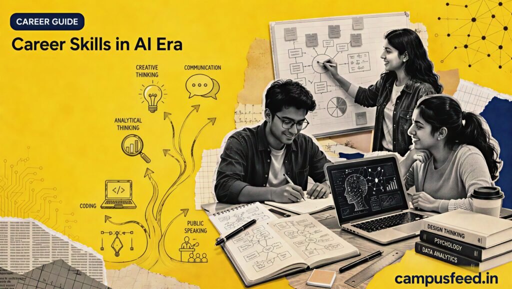 Career skills in AI era guide showing analytical thinking, creativity, communication, AI tools, and lifelong learning as essential employability skills for students in 2026