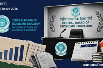 CBSE Result 2026 post-result review scene with official board emblem, blurred scorecard bars, and July compartment exam cues