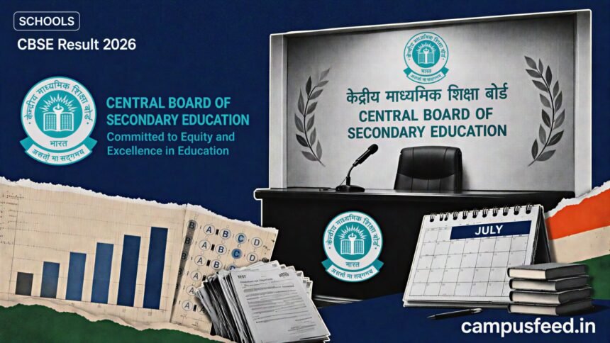 CBSE Result 2026 post-result review scene with official board emblem, blurred scorecard bars, and July compartment exam cues