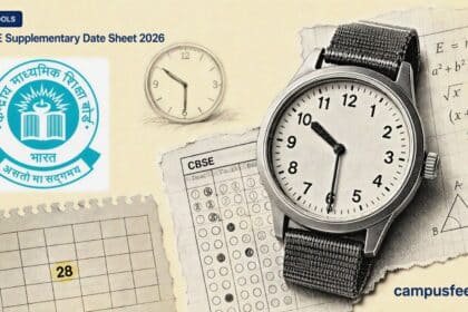 CBSE Supplementary Date Sheet 2026 represented by a halftone wristwatch at 10:30 AM, official CBSE emblem and exam-paper collage