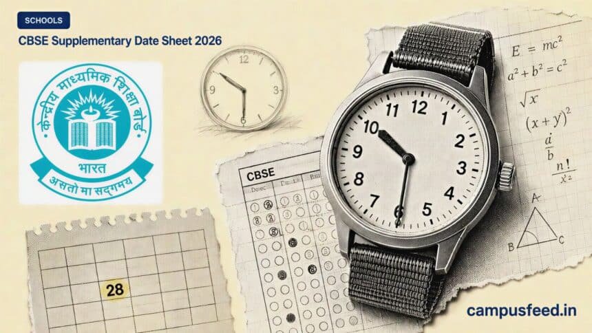 CBSE Supplementary Date Sheet 2026 represented by a halftone wristwatch at 10:30 AM, official CBSE emblem and exam-paper collage