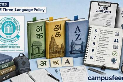 CBSE three-language policy shown with the official CBSE logo, three language books and class-wise rules for Classes 6 to 10