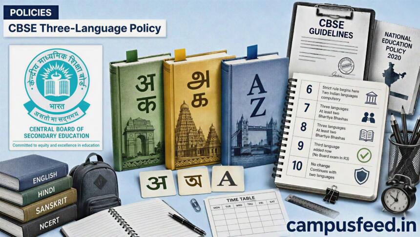 CBSE three-language policy shown with the official CBSE logo, three language books and class-wise rules for Classes 6 to 10