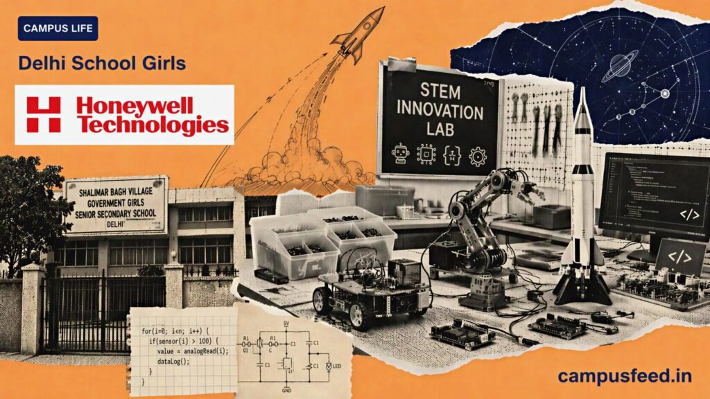 Delhi School Girls explore a halftone STEM Innovation Lab beside Honeywell branding, robotics equipment and a model rocket before their Huntsville workshop